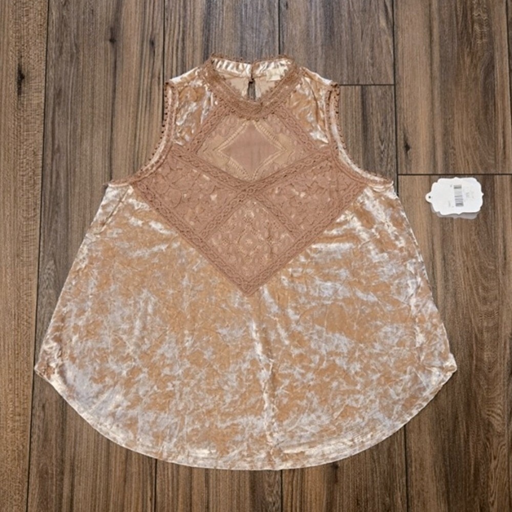 Gold Velvet Lace Mock Neck Sleeveless Boho Tunic‎ Top Womens